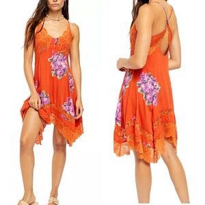Free people Orange Floral Lace Trim slip Dress with asymmetrical hem, size S